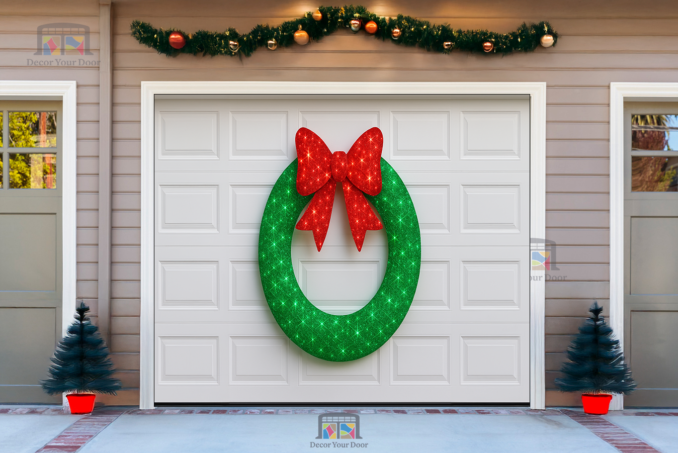 Corona brillante con lazo – Cubierta navideña para puerta de garaje