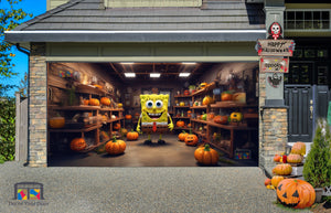 Vinilo decorativo para puerta de garaje con diseño de Bob Esponja sonriendo y calabazas para Halloween - Decora tu puerta
