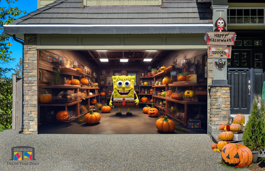 Vinilo decorativo para puerta de garaje con diseño de Bob Esponja sonriendo y calabazas para Halloween - Decora tu puerta