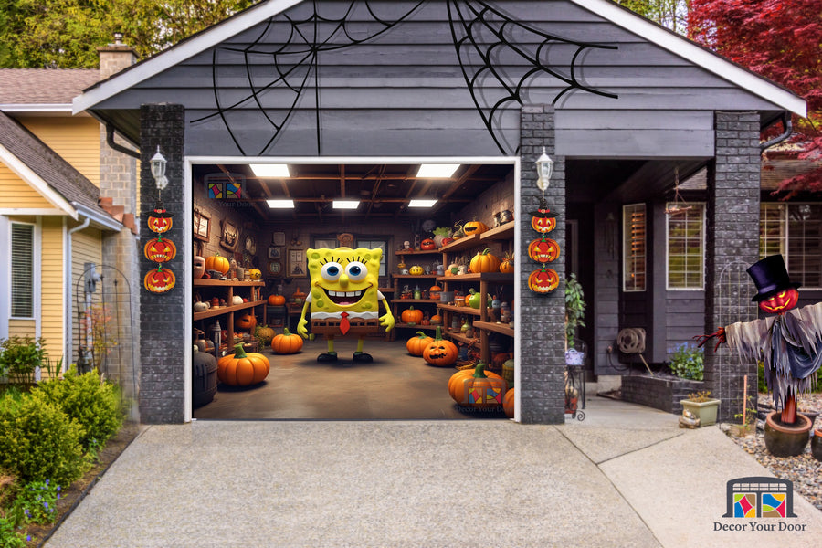 Vinilo decorativo para puerta de garaje con diseño de Bob Esponja sonriendo y calabazas para Halloween - Decora tu puerta