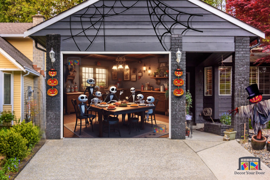 Pancarta decorativa para puerta de garaje con Jack Skellington y su familia: Cena de Halloween