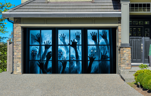 Spooky Zombies Hands Outside The Window Blue Glowing Halloween Garage Door Cover Wrap Decoration