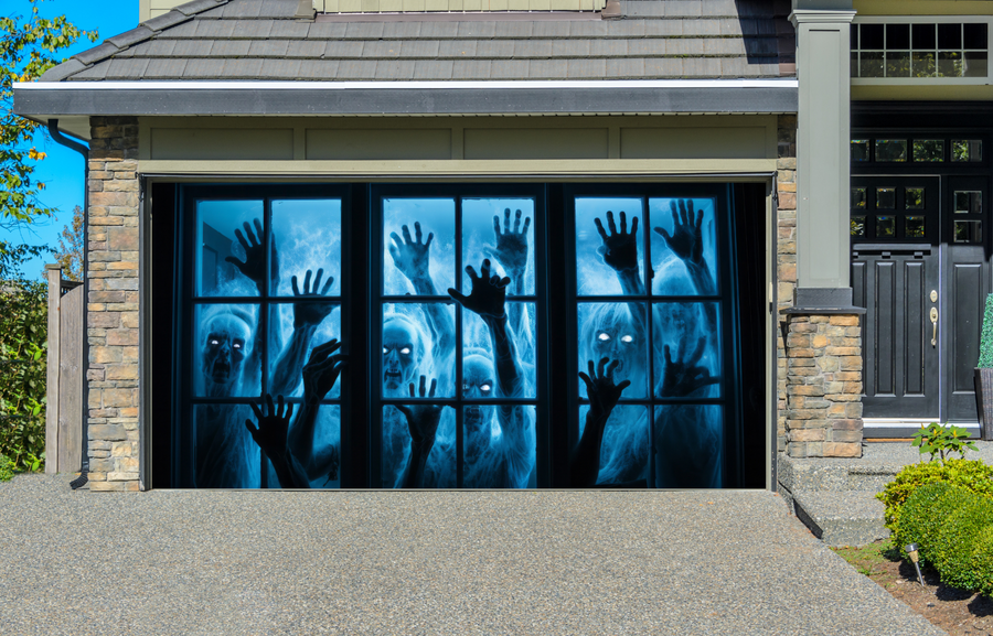 Spooky Zombies Hands Outside The Window Blue Glowing Halloween Garage Door Cover Wrap Decoration