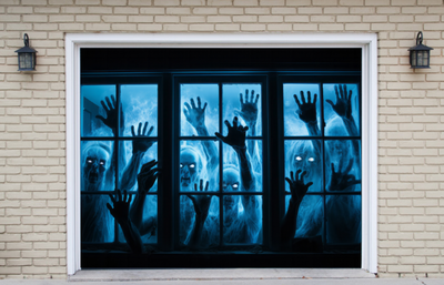 Spooky Zombies Hands Outside The Window Blue Glowing Halloween Garage Door Cover Wrap Decoration