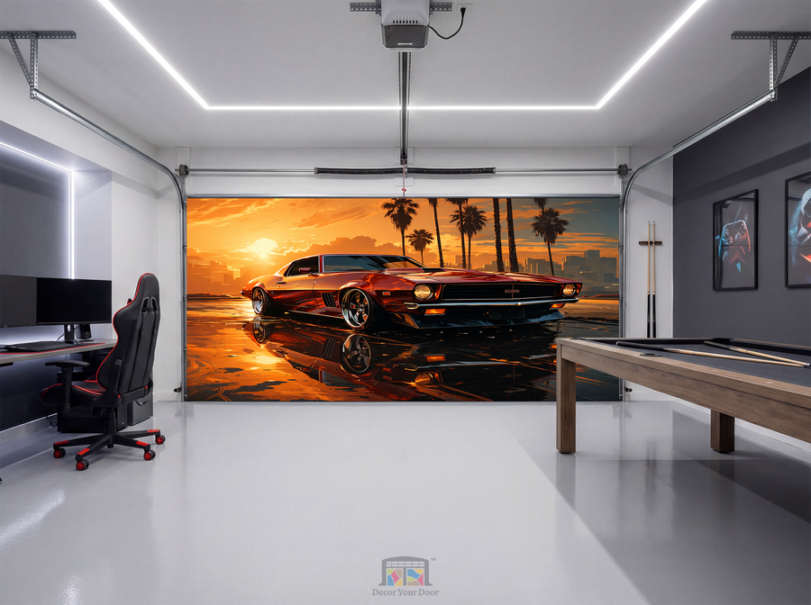 Sunset Muscle Legend – Game Room Garage Door Cover