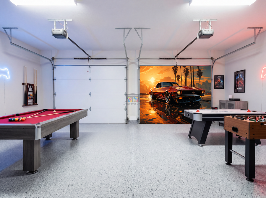 Sunset Muscle Legend – Game Room Garage Door Cover