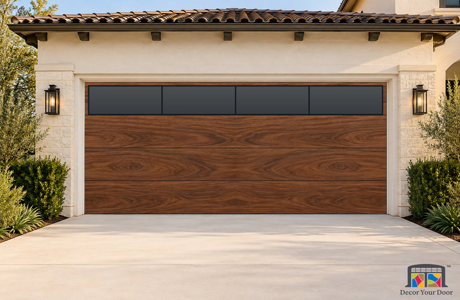 Walnut Ribbon Modern Printed Garage Door Cover - two-car front house view