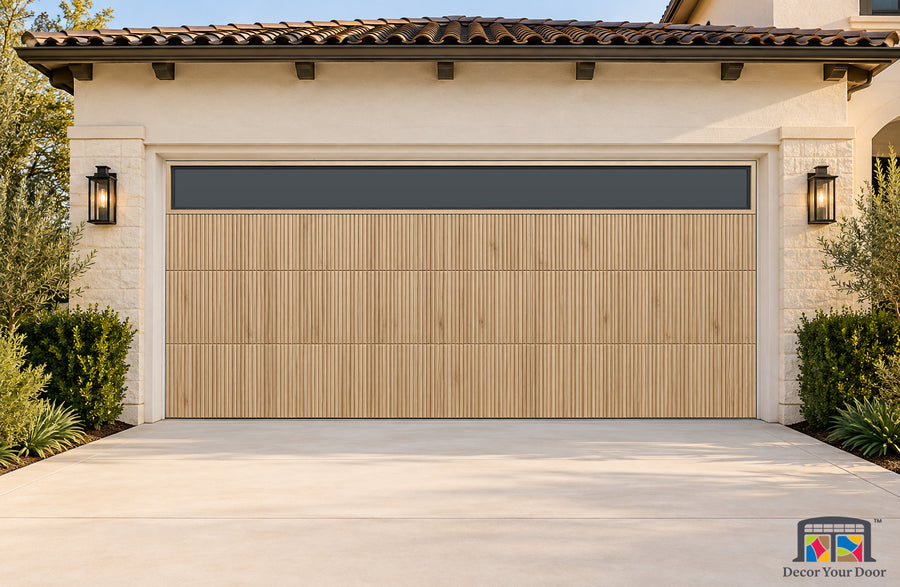 White Oak Reeded Atelier Printed Garage Door Cover - two-car front house view