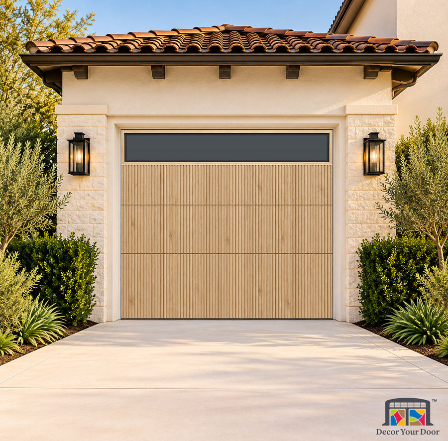 White Oak Reeded Atelier Printed Garage Door Cover - one-car front house view