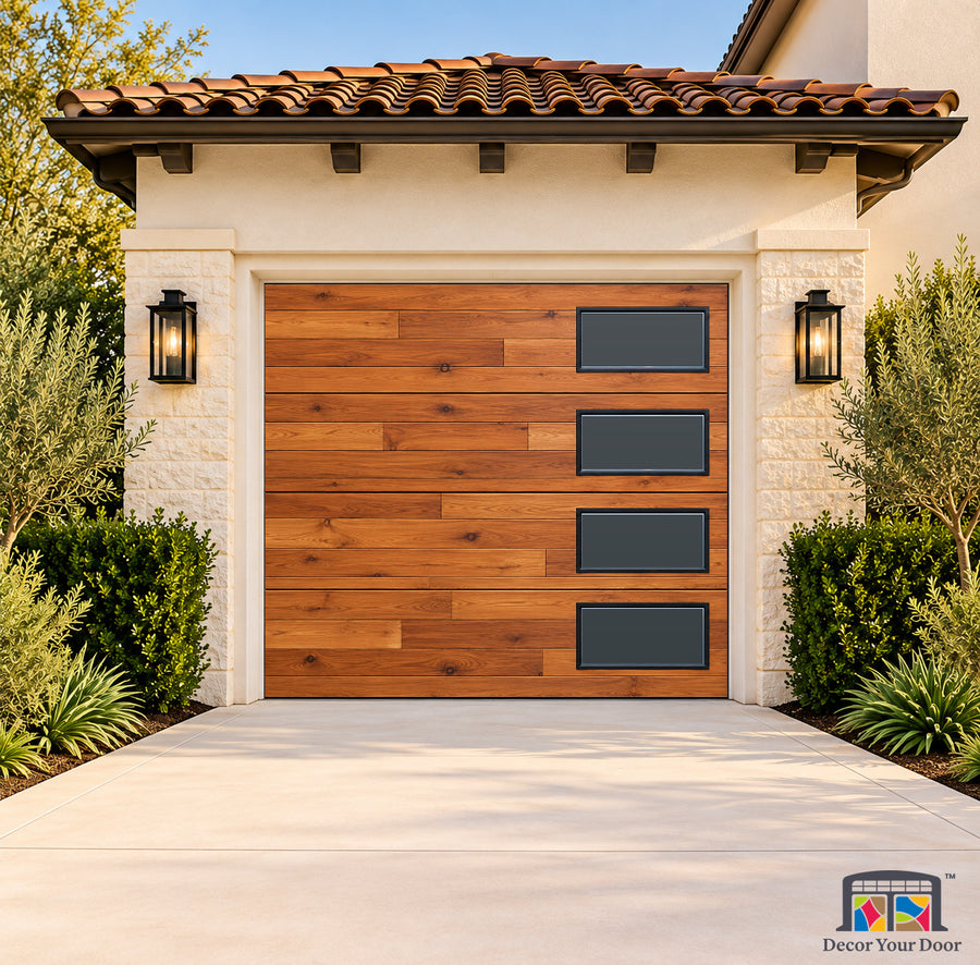 Cedar Midcentury Horizon Printed Garage Door Cover - one-car front house view
