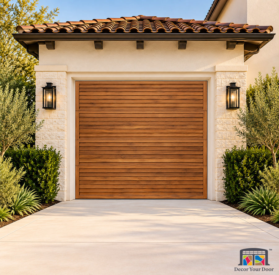 Teak Louver Retreat Printed Garage Door Cover - one-car front house view