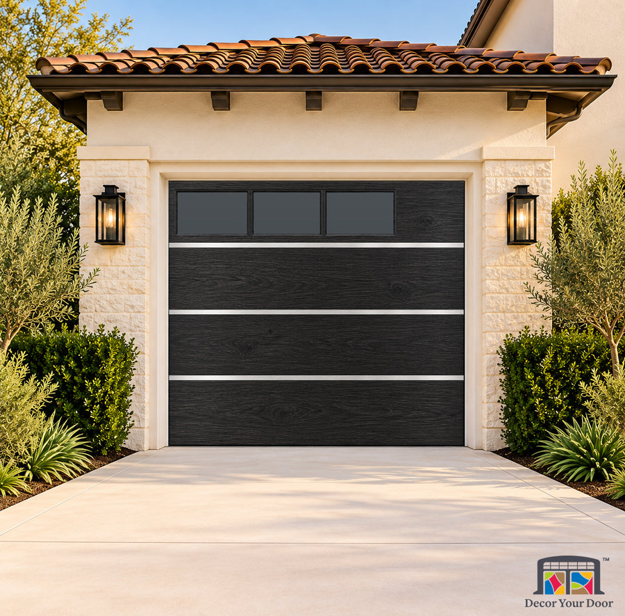 Ebony Oak Silverline Printed Garage Door Cover - one-car front house view