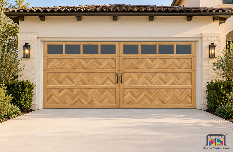 Honey Oak Herringbone Printed Garage Door Cover - two-car front house view