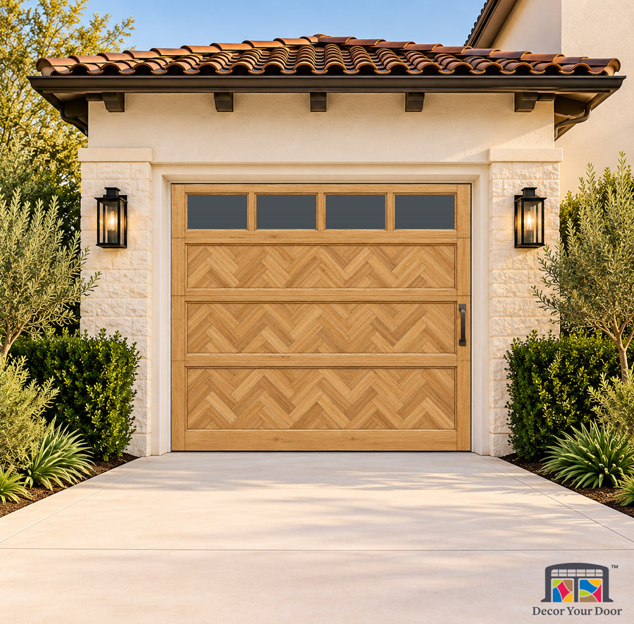 Honey Oak Herringbone Printed Garage Door Cover - one-car front house view
