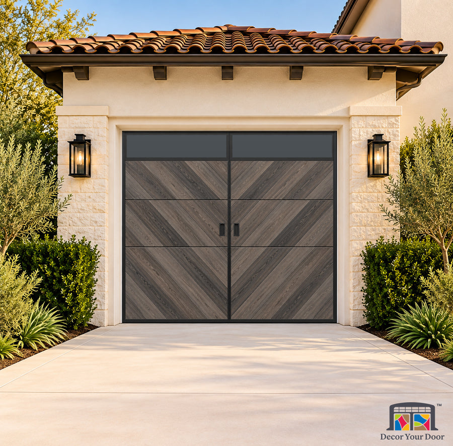 Smoked Ash Chevron Printed Garage Door Cover - one-car front house view