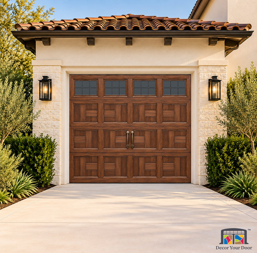 Chestnut Basketweave Estate Printed Garage Door Cover - one-car front house view