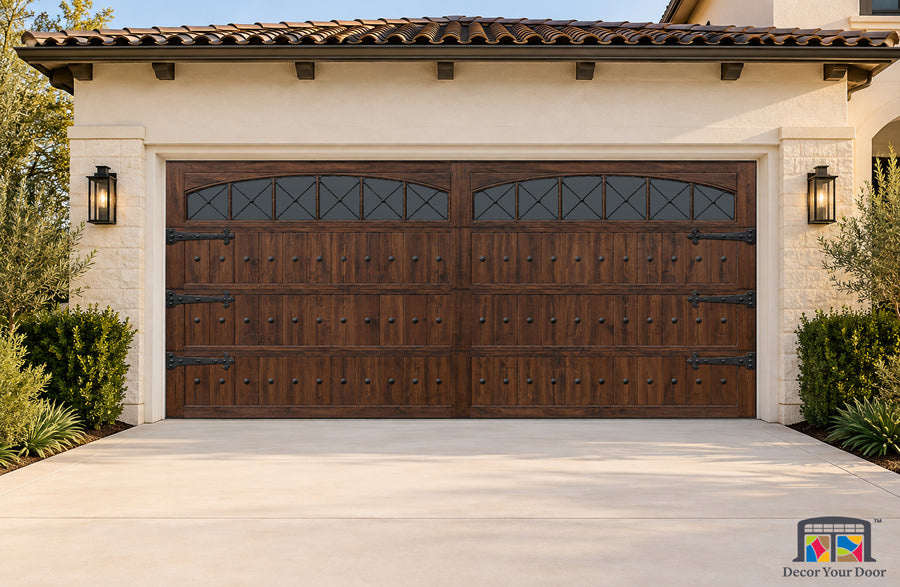 Tuscan Arched Chestnut Printed Garage Door Cover - two-car front house view