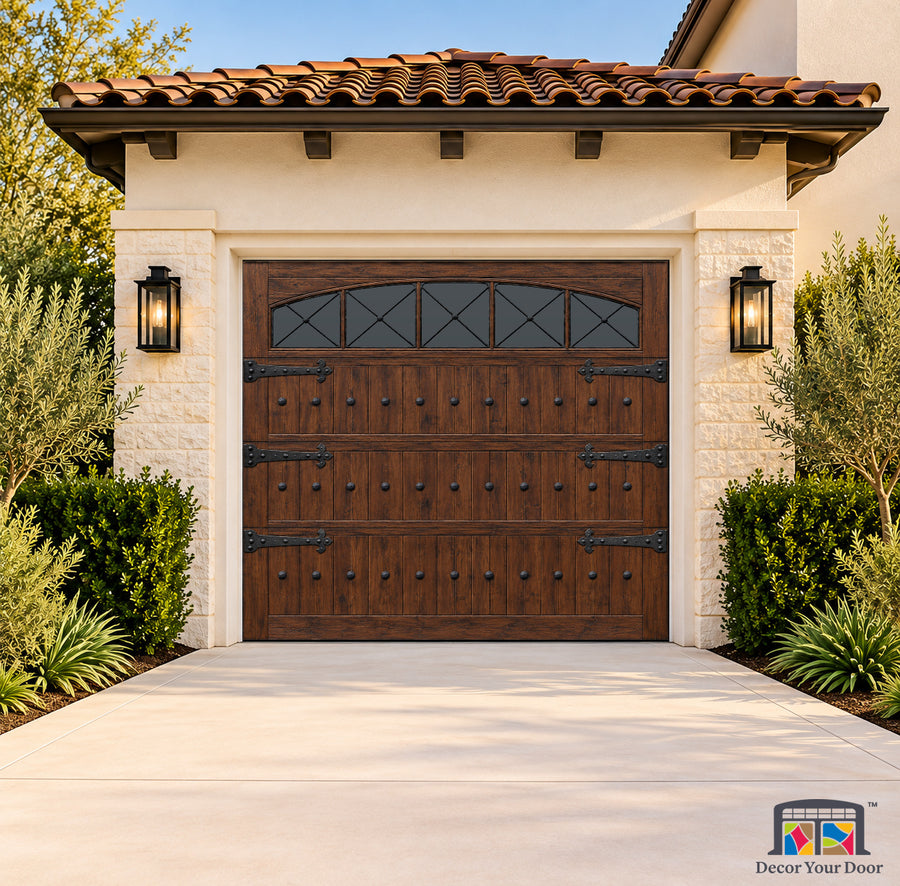 Tuscan Arched Chestnut Printed Garage Door Cover - one-car front house view