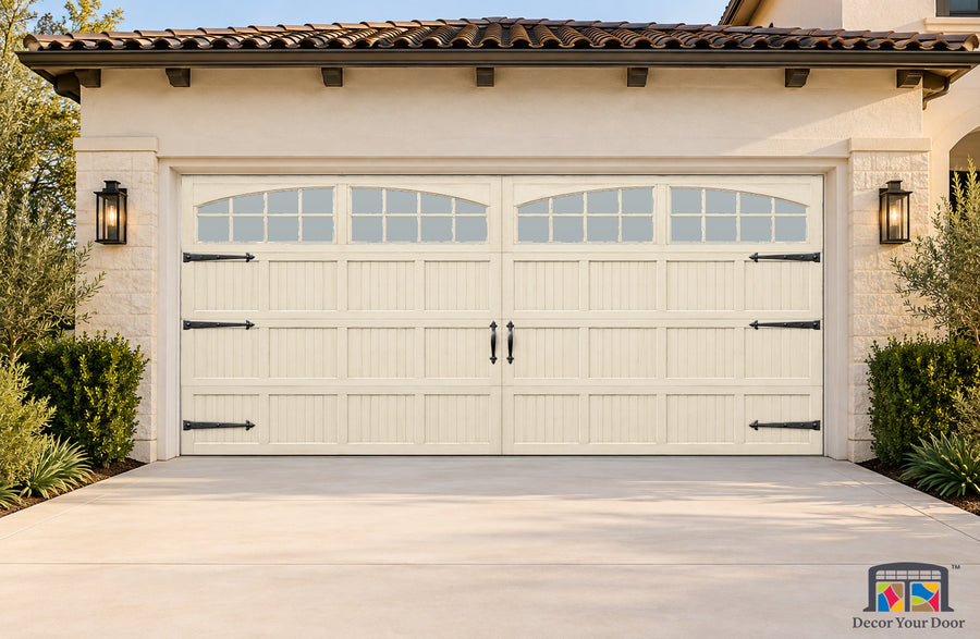 French Ivory Coach House Printed Garage Door Cover - two-car front house view