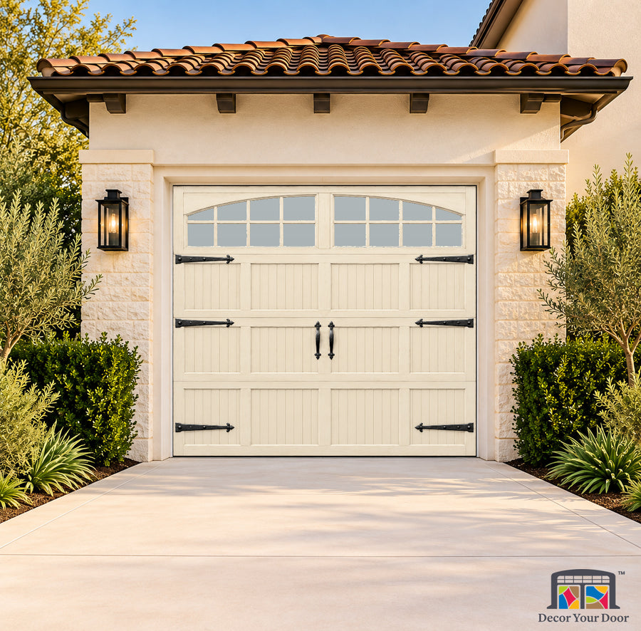 French Ivory Coach House Printed Garage Door Cover - one-car front house view