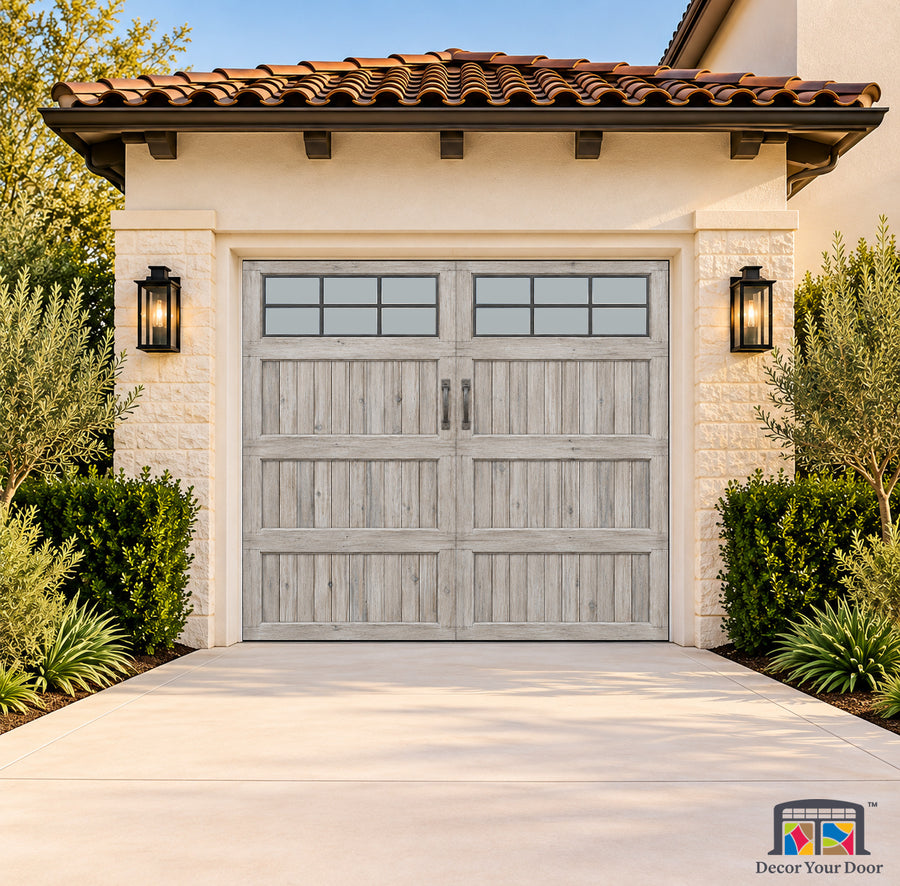 Driftwood Coastal Carriage Printed Garage Door Cover - one-car front house view