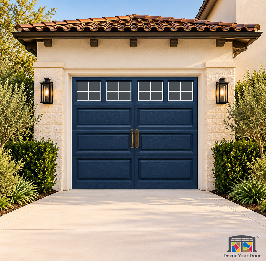 Midnight Navy Hamptons Printed Garage Door Cover - one-car front house view