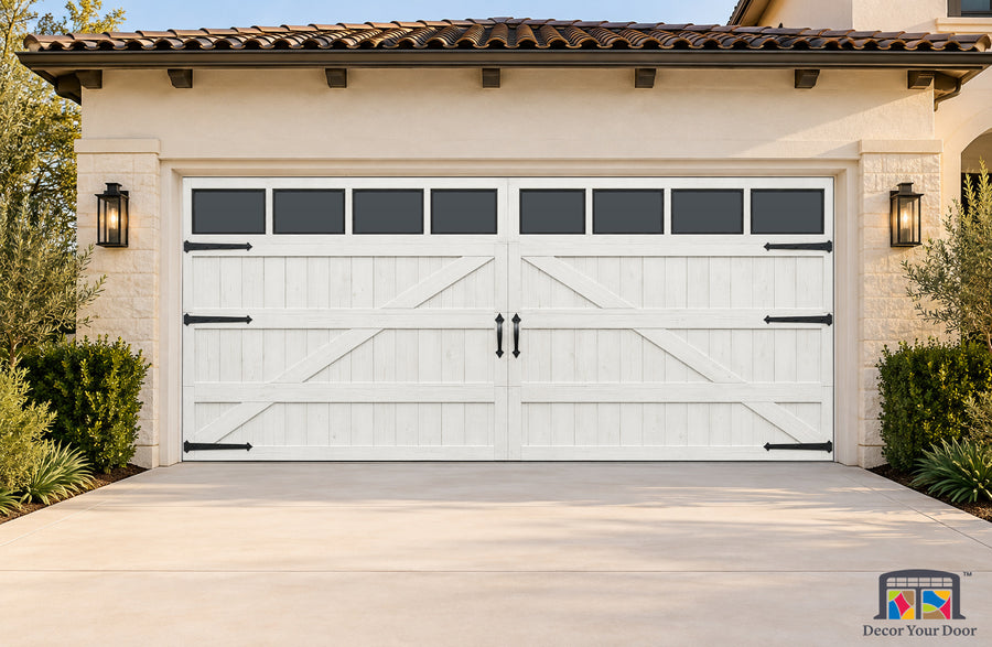 White Cedar Farmhouse Z Printed Garage Door Cover - two-car front house view
