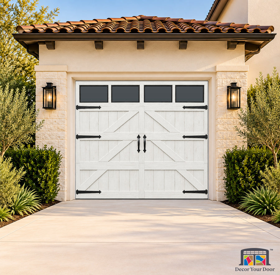 White Cedar Farmhouse Z Printed Garage Door Cover - one-car front house view