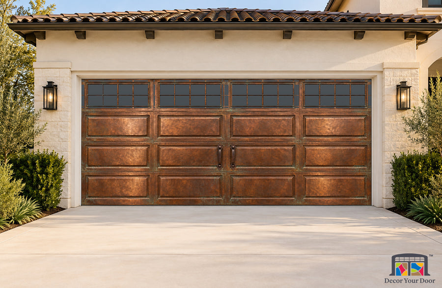 Copper Patina Artisan Printed Garage Door Cover - two-car front house view
