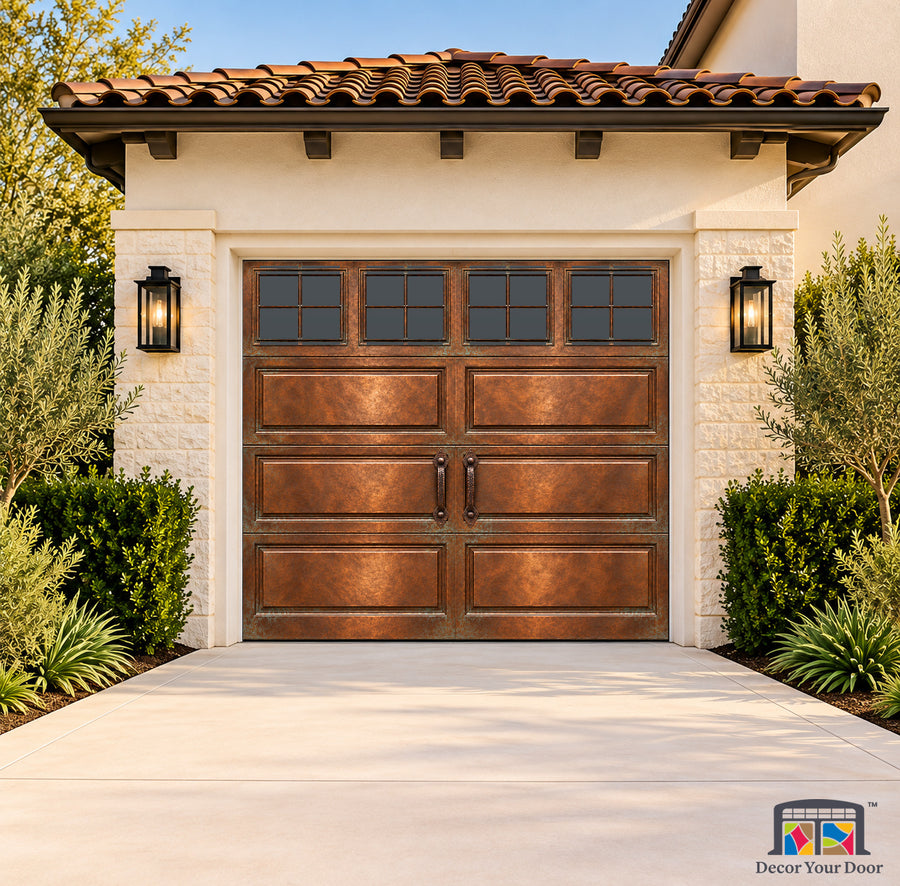 Copper Patina Artisan Printed Garage Door Cover - one-car front house view