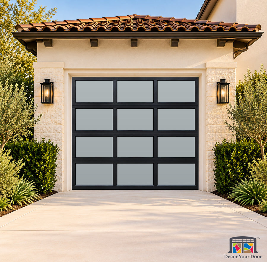 Black Frosted Glass Gallery Printed Garage Door Cover - one-car front house view