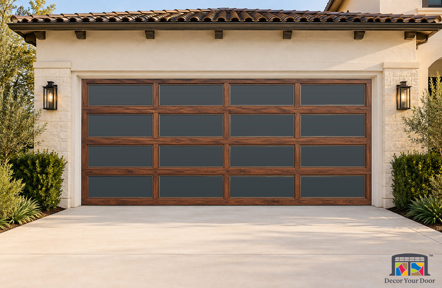 Walnut Glass Courtyard Printed Garage Door Cover - two-car front house view