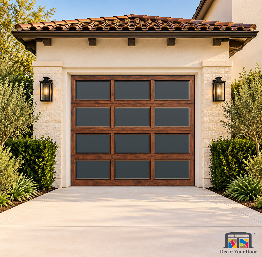Walnut Glass Courtyard Printed Garage Door Cover - one-car front house view