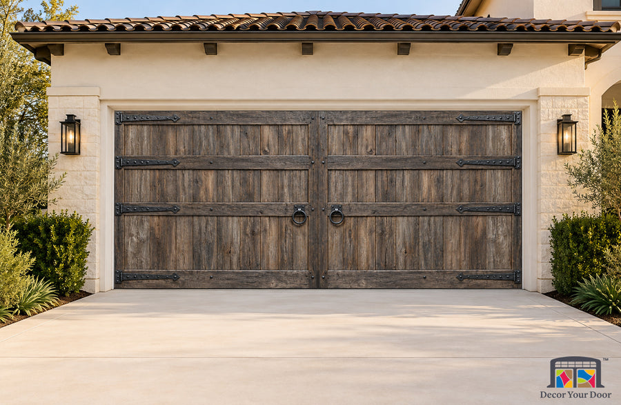 Reclaimed Barn Ironwork Printed Garage Door Cover - two-car front house view