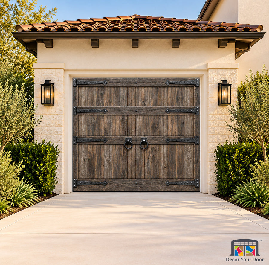 Reclaimed Barn Ironwork Printed Garage Door Cover - one-car front house view