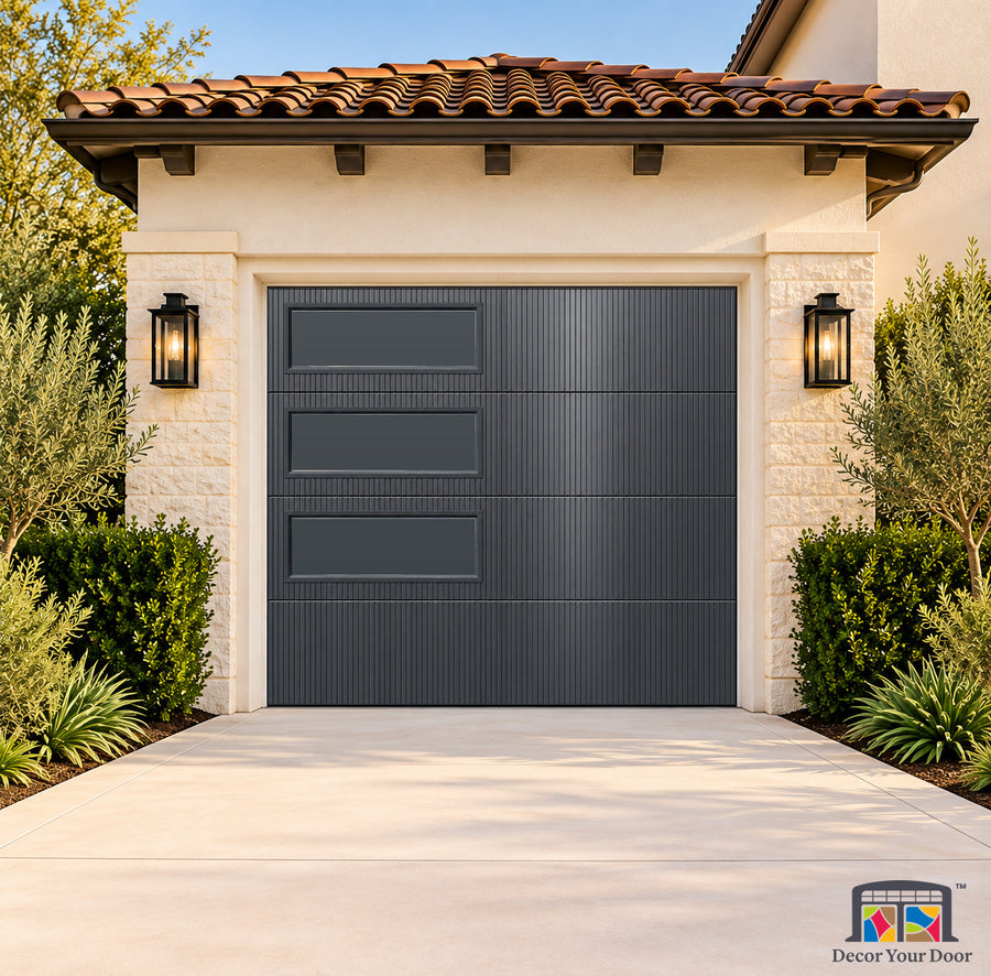 Charcoal Ribbed Loft Printed Garage Door Cover - one-car front house view