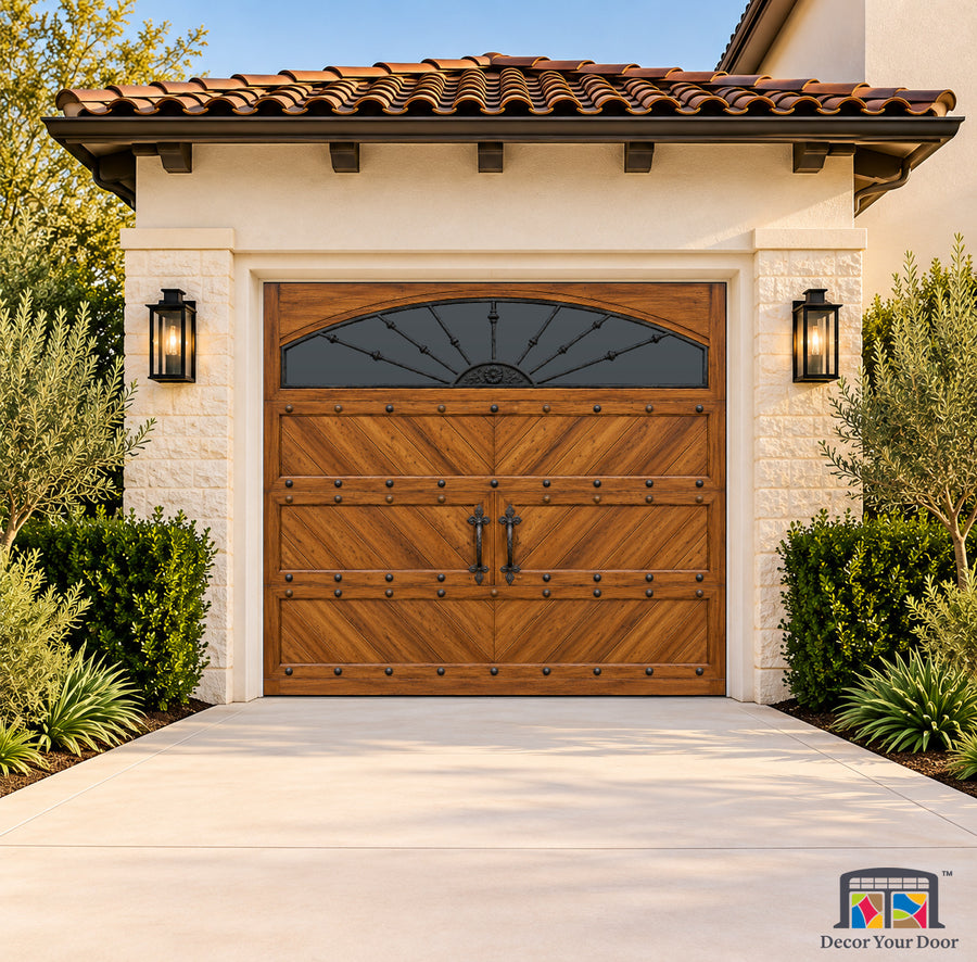 Spanish Teak Arched Chevron Printed Garage Door Cover - one-car front house view