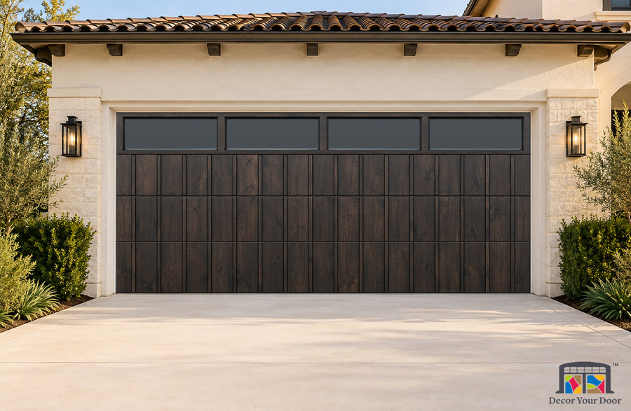 Blackened Cedar Clerestory Printed Garage Door Cover - two-car front house view