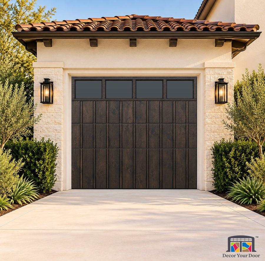 Blackened Cedar Clerestory Printed Garage Door Cover - one-car front house view