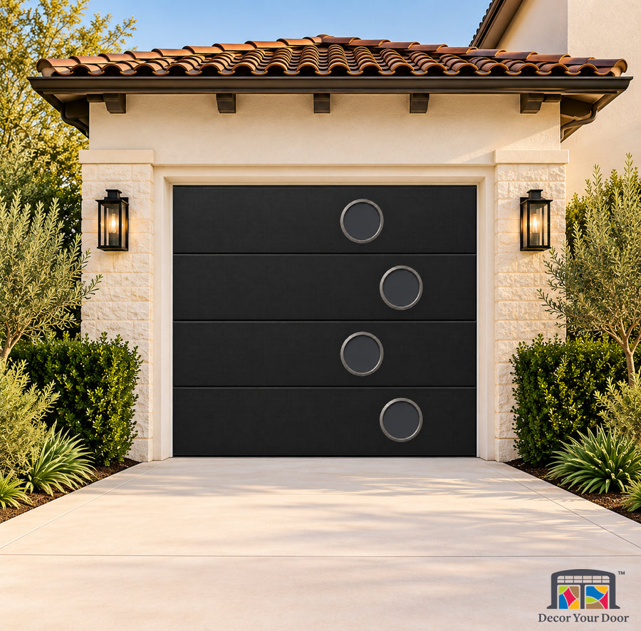 Obsidian Oculus Printed Garage Door Cover - one-car front house view