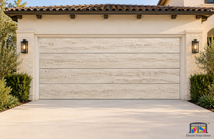 Travertine Monolith Printed Garage Door Cover - two-car front house view