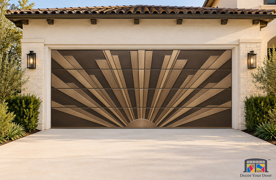 Art Deco Sunburst Printed Garage Door Cover - two-car front house view
