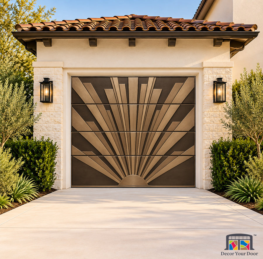 Art Deco Sunburst Printed Garage Door Cover - one-car front house view