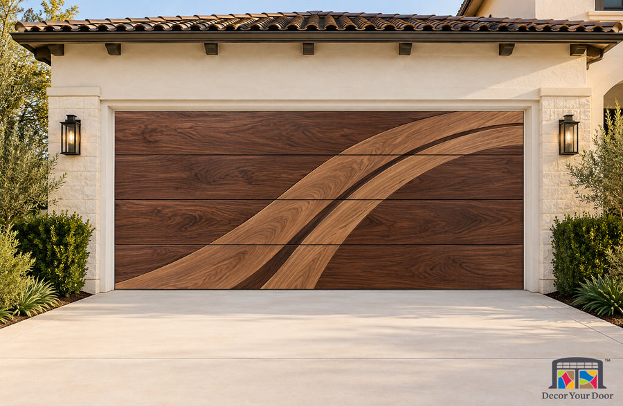 Walnut Crescent Printed Garage Door Cover - two-car front house view