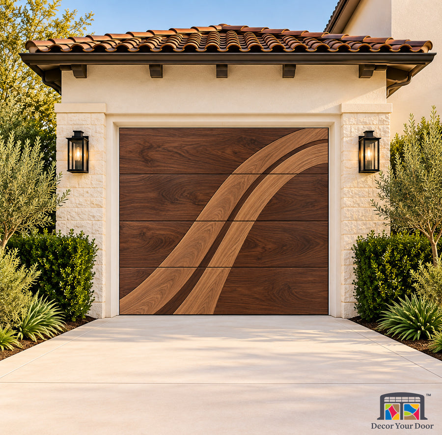 Walnut Crescent Printed Garage Door Cover - one-car front house view