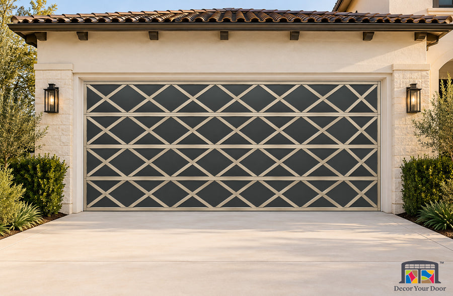 Champagne Diamond Printed Garage Door Cover - two-car front house view