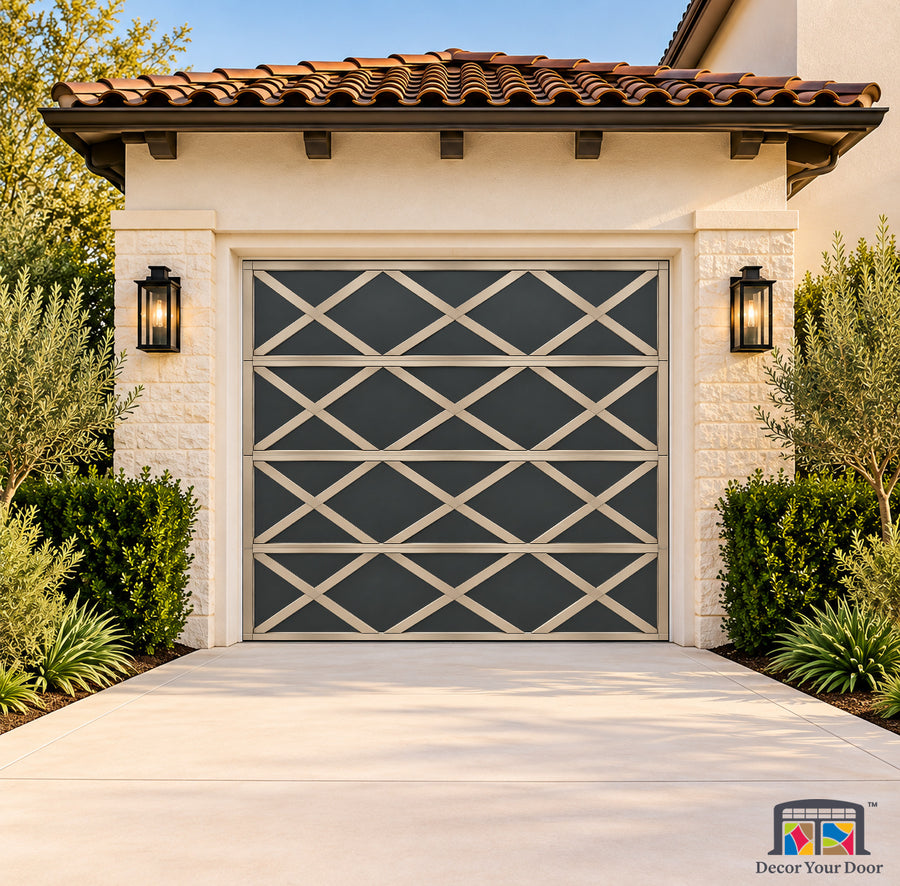 Champagne Diamond Printed Garage Door Cover - one-car front house view