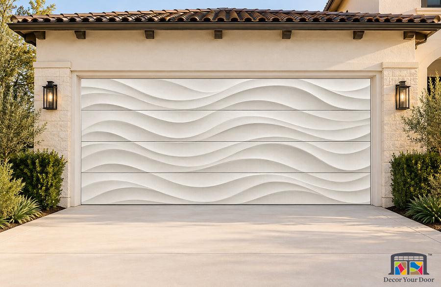 Porcelain Wave Printed Garage Door Cover - two-car front house view