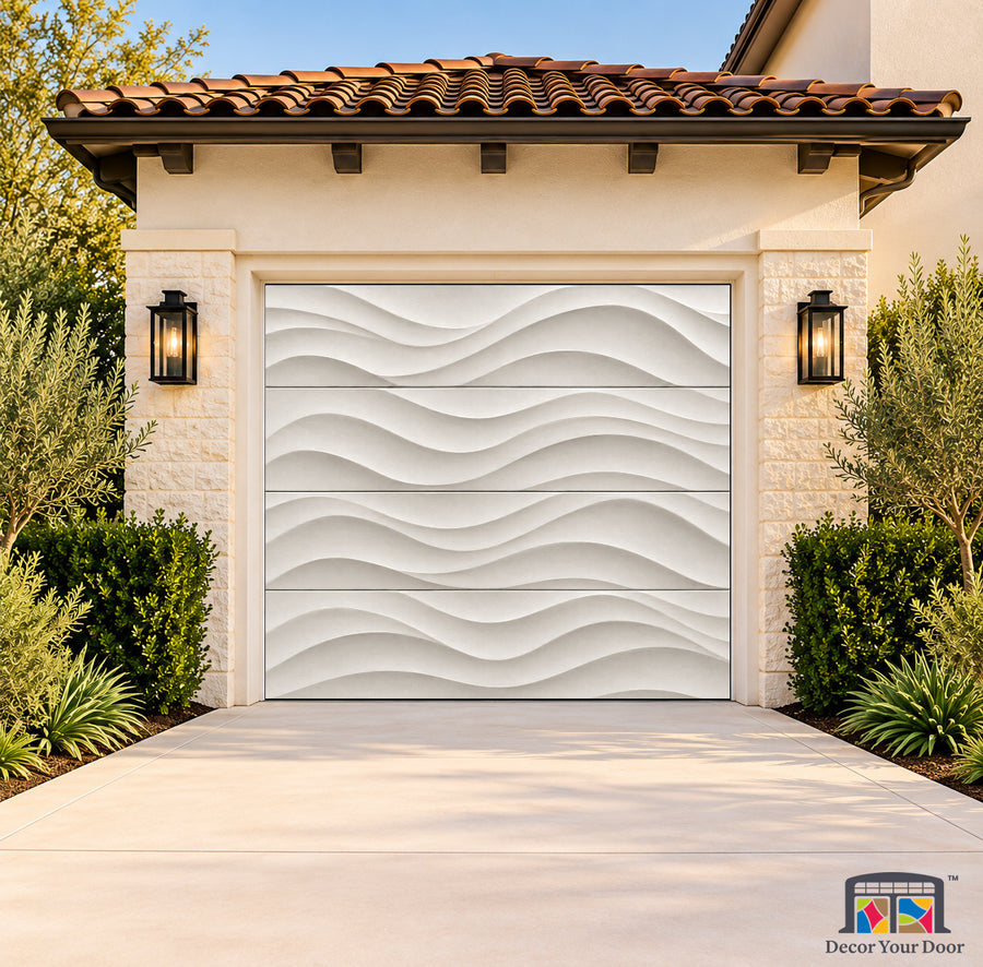 Porcelain Wave Printed Garage Door Cover - one-car front house view