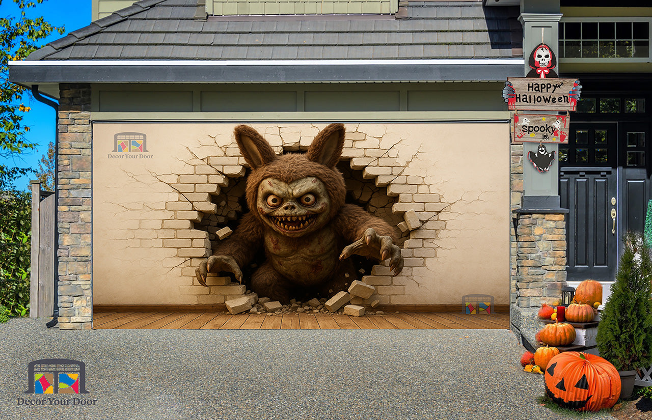 Terrifying Labubu Wall Break Garage Door Cover Banner Wrap